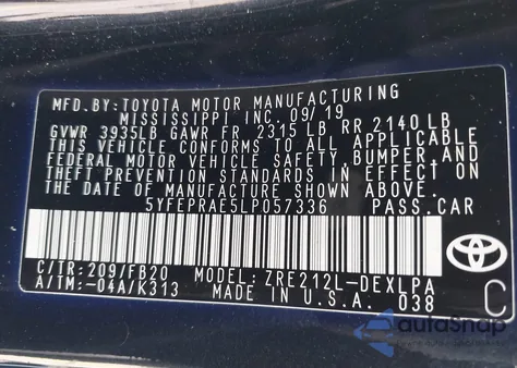 2020 Toyota Corolla Le from USA, damaged, VIN 5YFEPRAE5LP057336